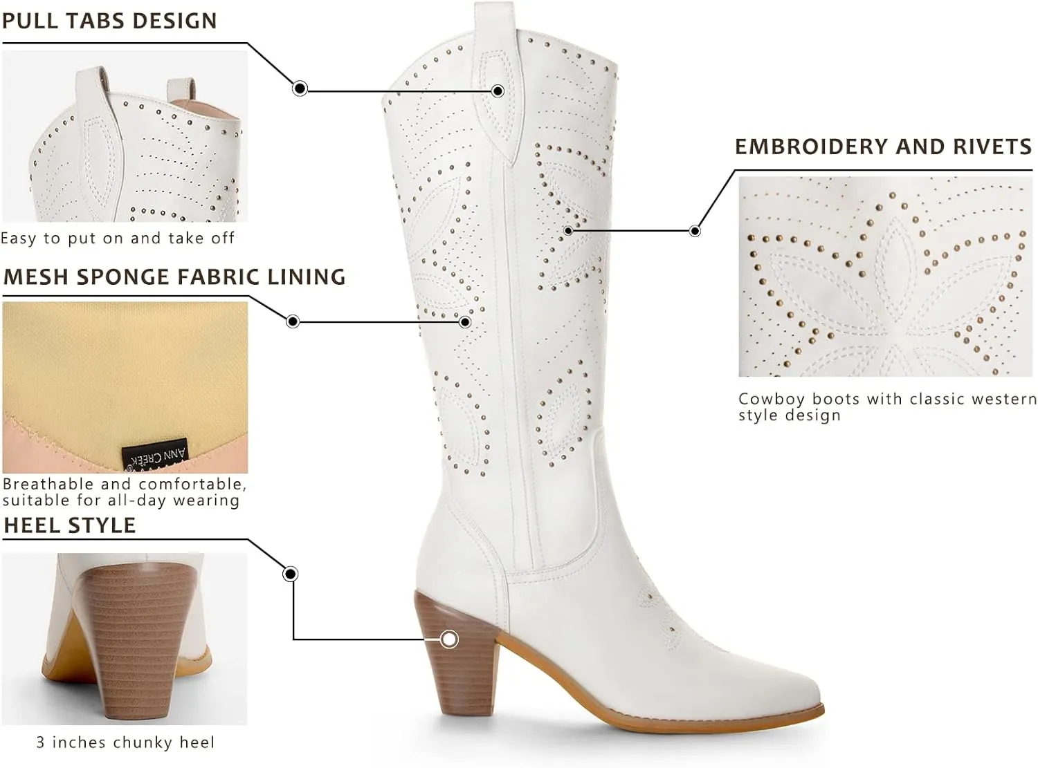ANN CREEK Cowboy Knee High Boots for Women Cowgirl Boots Wide Calf Western Boots Pointed Toe Chunky Heel Tall Boots Dress Fall Girl Boots Hornsby