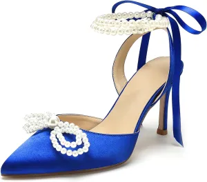 Anna's Bridal Satin White Wedding Shoes for Bride High Heels Closed Toe Bridal Shoes Sandals Prom Party Dress Pumps Sandals Elegant Pointed Toe Bridal Pear Heels for Women