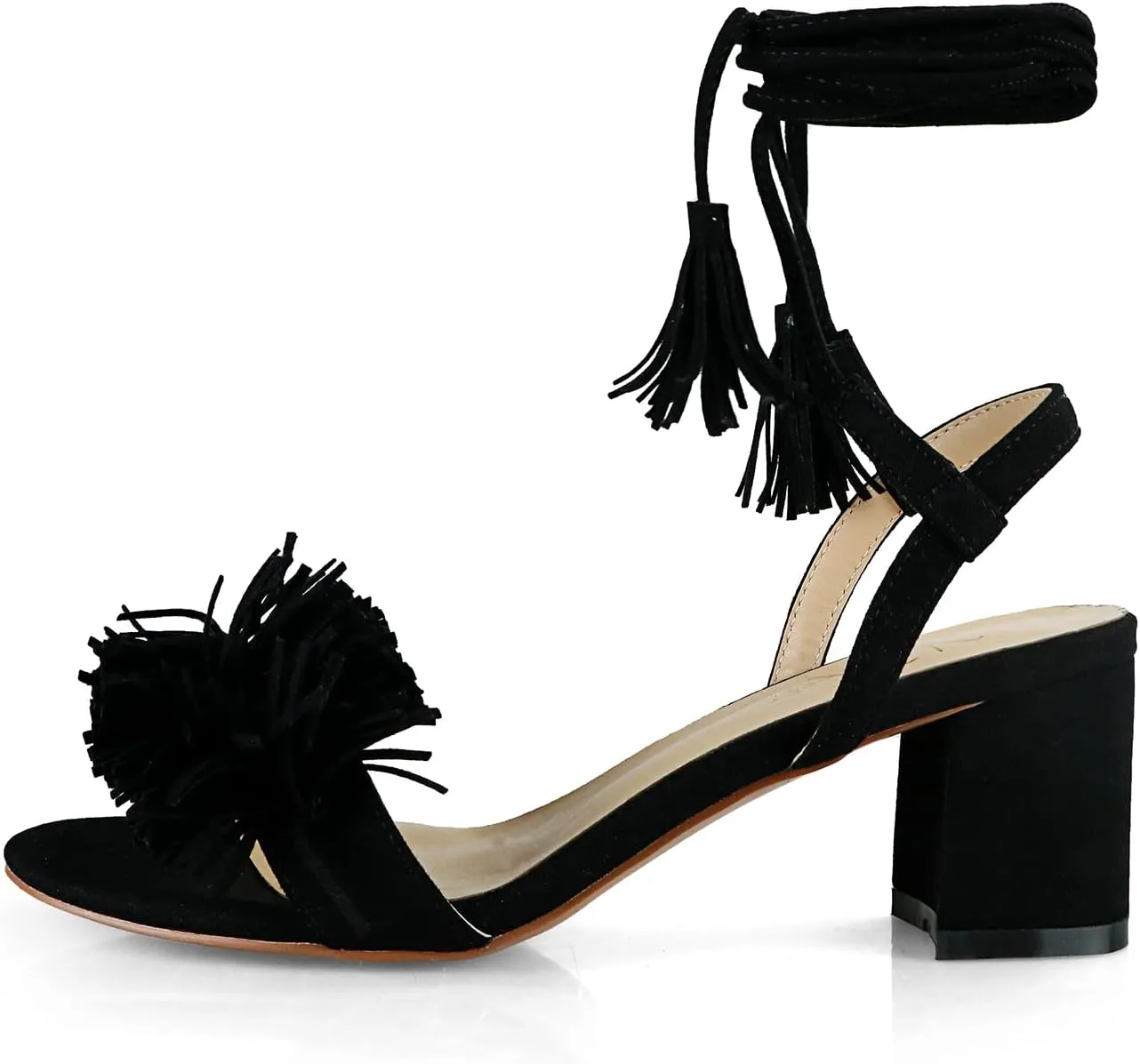 anteikira Women Fashion High Heels Lace Up Summer Shoes Open Round Toe Tassel Chunky Ankle Straps Party Date Shopping Sandals