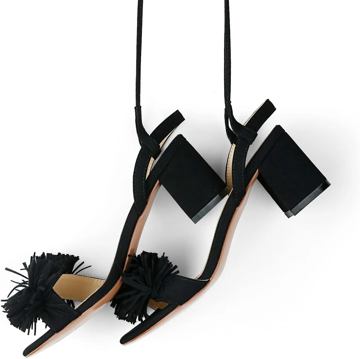 anteikira Women Fashion High Heels Lace Up Summer Shoes Open Round Toe Tassel Chunky Ankle Straps Party Date Shopping Sandals