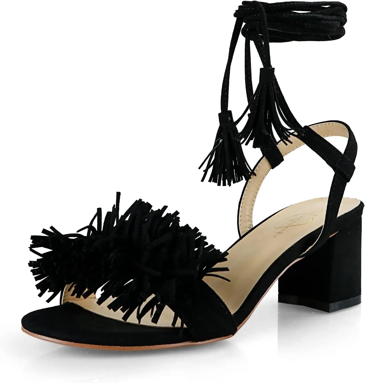 anteikira Women Fashion High Heels Lace Up Summer Shoes Open Round Toe Tassel Chunky Ankle Straps Party Date Shopping Sandals