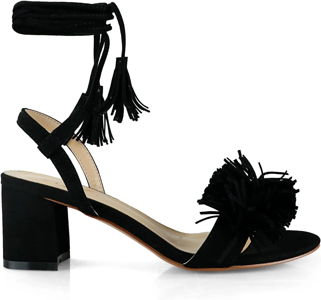anteikira Women Fashion High Heels Lace Up Summer Shoes Open Round Toe Tassel Chunky Ankle Straps Party Date Shopping Sandals