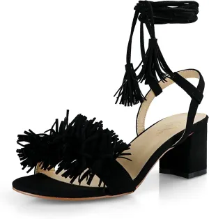 anteikira Women Fashion High Heels Lace Up Summer Shoes Open Round Toe Tassel Chunky Ankle Straps Party Date Shopping Sandals