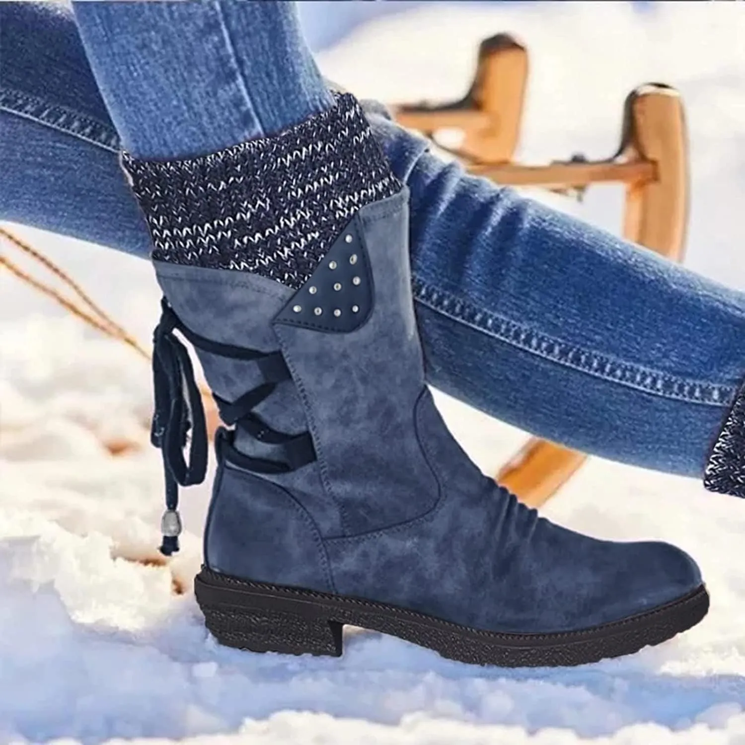 Anupeg Women's Mid Calf Boots,Knit Leather Splicing Boots for Women Low Heel Womens Side Zip Wide Calf Boots Fall Winter Western Cowboy Boots for Women Mid Calf Retro Cowgirl Booties Shoes