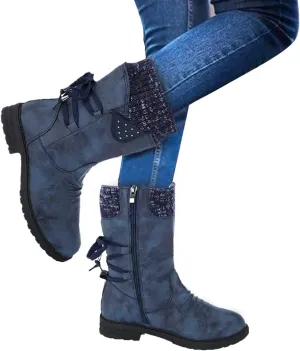 Anupeg Women's Mid Calf Boots,Knit Leather Splicing Boots for Women Low Heel Womens Side Zip Wide Calf Boots Fall Winter Western Cowboy Boots for Women Mid Calf Retro Cowgirl Booties Shoes