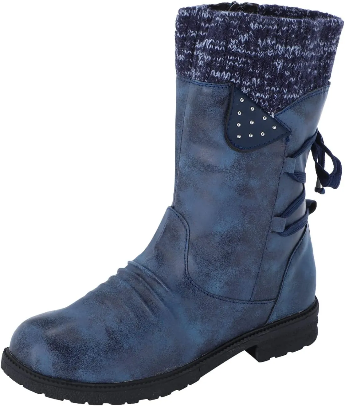 Anupeg Women's Mid Calf Boots,Knit Leather Splicing Boots for Women Low Heel Womens Side Zip Wide Calf Boots Fall Winter Western Cowboy Boots for Women Mid Calf Retro Cowgirl Booties Shoes