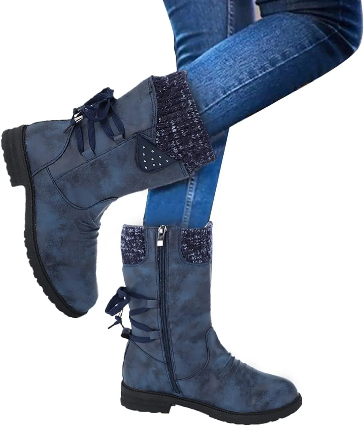 Anupeg Women's Mid Calf Boots,Knit Leather Splicing Boots for Women Low Heel Womens Side Zip Wide Calf Boots Fall Winter Western Cowboy Boots for Women Mid Calf Retro Cowgirl Booties Shoes
