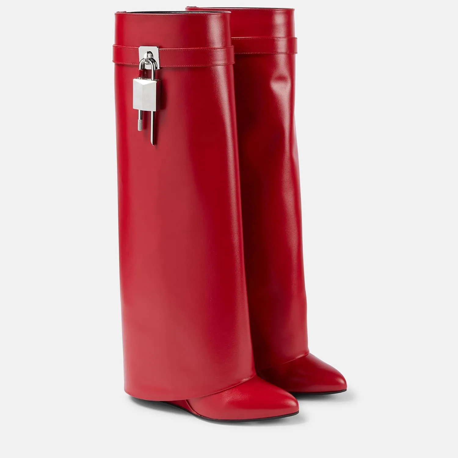 Arqa Fold Over Knee High Boots for Women Covered Wedge Heel Padlock Boot Almond Toe Wide Calf Pull-on Fashion Boots Party Shoes