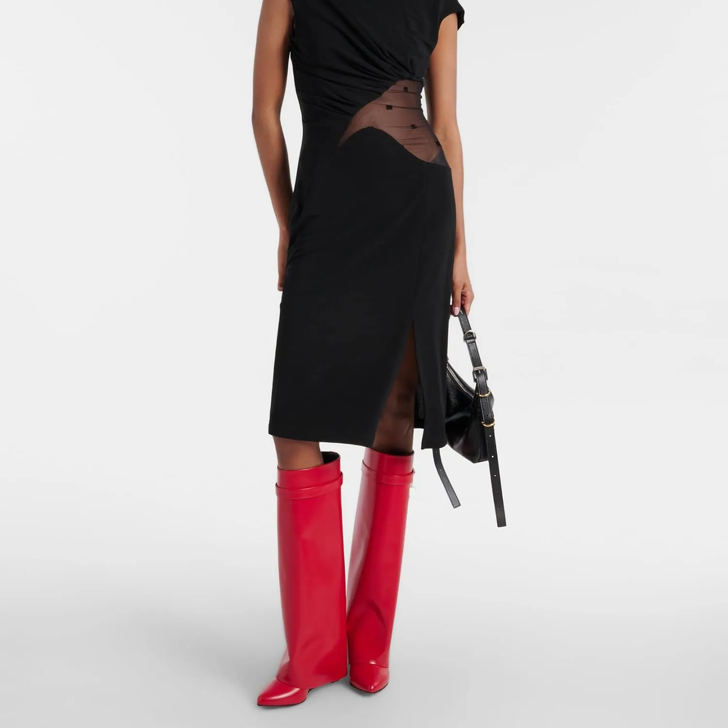 Arqa Fold Over Knee High Boots for Women Covered Wedge Heel Padlock Boot Almond Toe Wide Calf Pull-on Fashion Boots Party Shoes