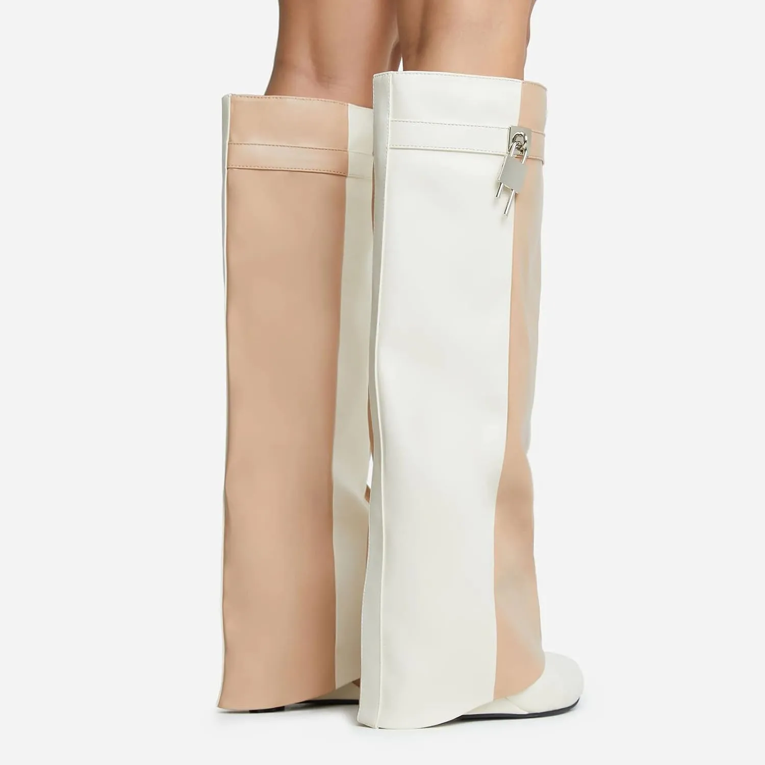 Arqa Fold Over Knee High Boots for Women Covered Wedge Heel Padlock Boot Almond Toe Wide Calf Pull-on Fashion Boots Party Shoes
