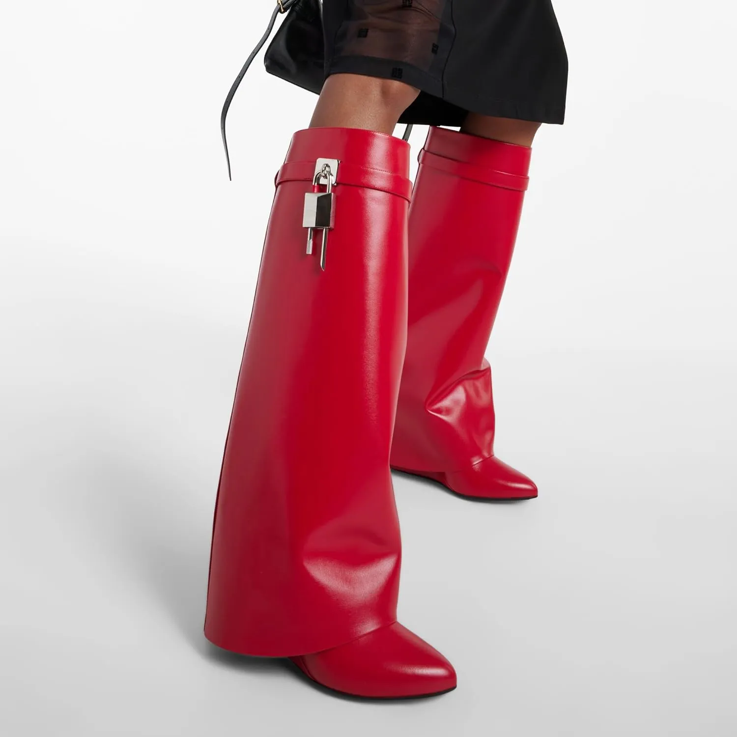 Arqa Fold Over Knee High Boots for Women Covered Wedge Heel Padlock Boot Almond Toe Wide Calf Pull-on Fashion Boots Party Shoes