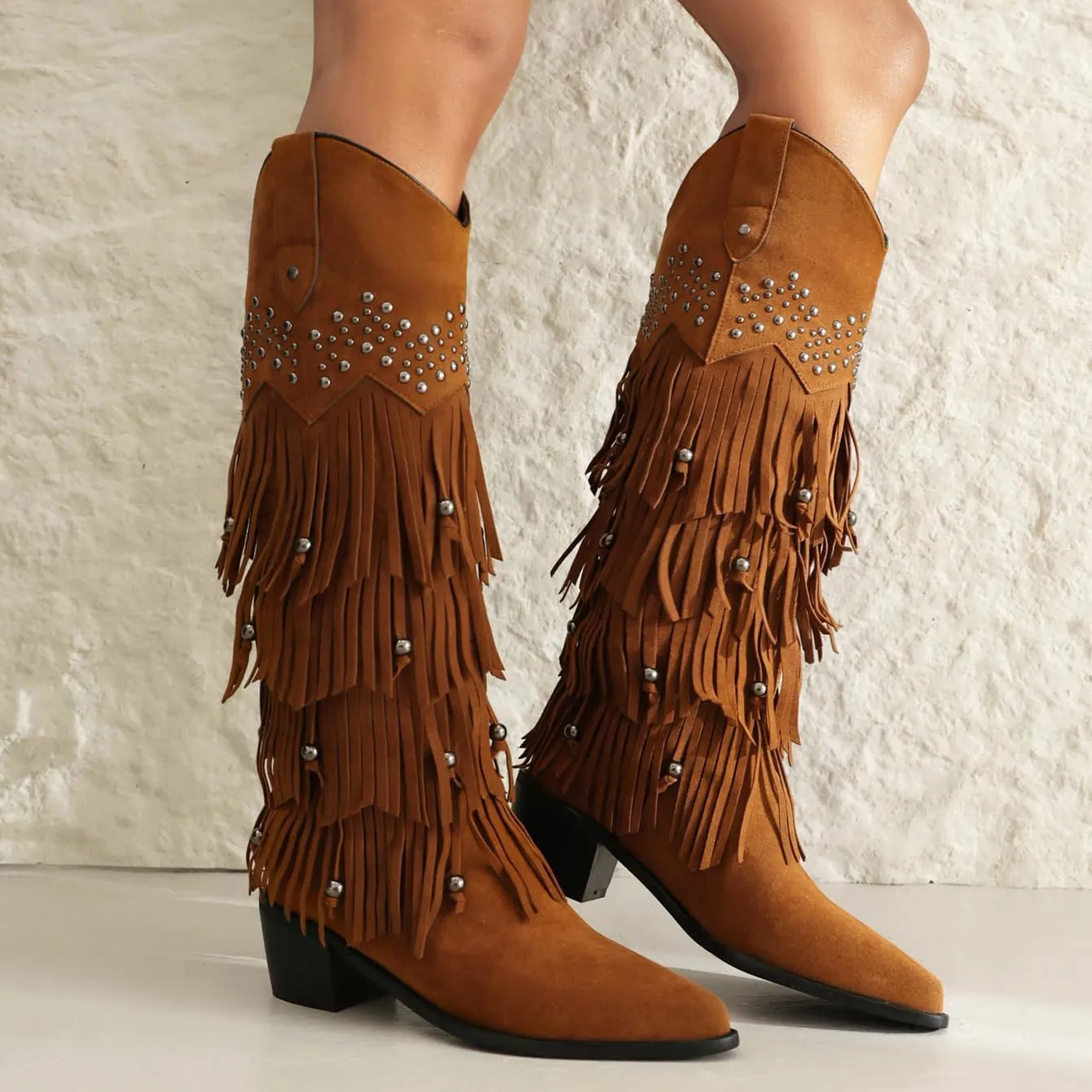 Arqa Women's Fringe Suede Knee High Boots Block Heel Western Cowboy Boot Wide Calf Pull-on Cowgirl Boot with Rivets