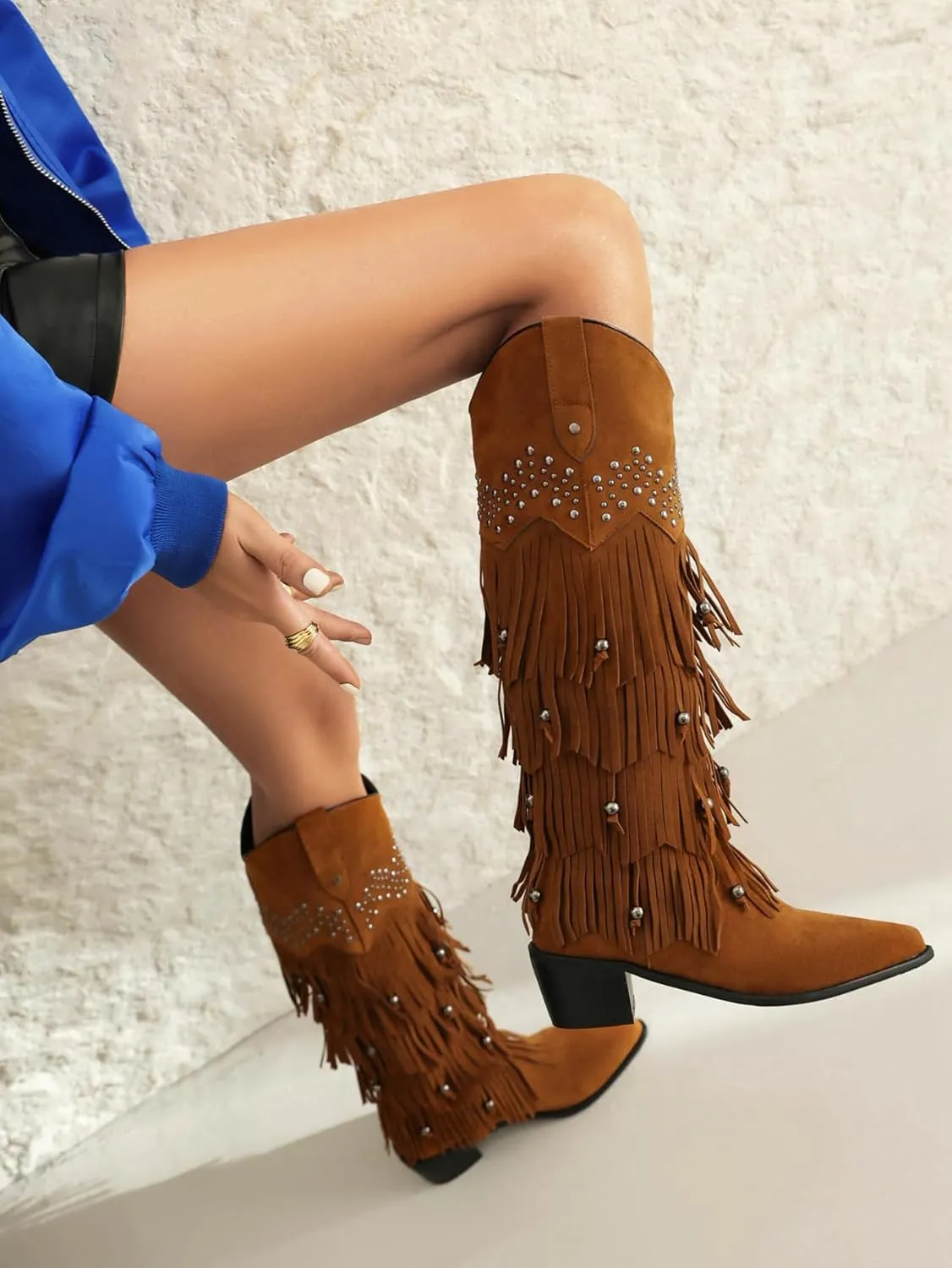 Arqa Women's Fringe Suede Knee High Boots Block Heel Western Cowboy Boot Wide Calf Pull-on Cowgirl Boot with Rivets