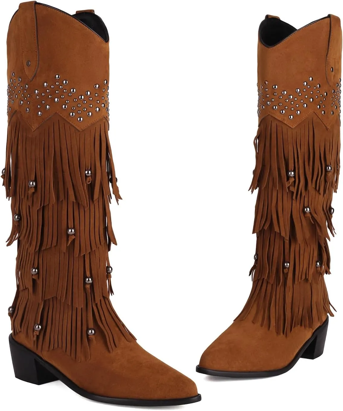 Arqa Women's Fringe Suede Knee High Boots Block Heel Western Cowboy Boot Wide Calf Pull-on Cowgirl Boot with Rivets