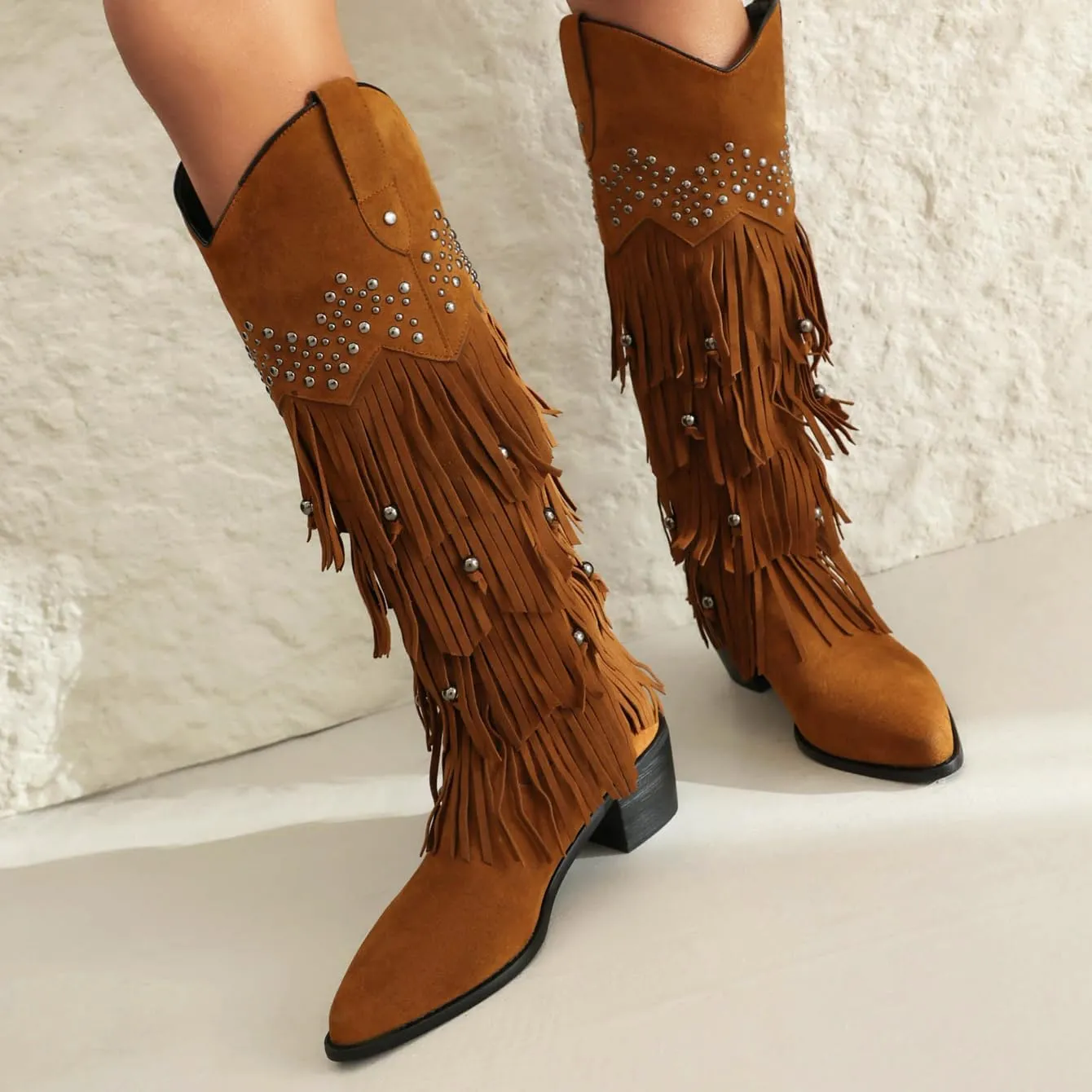 Arqa Women's Fringe Suede Knee High Boots Block Heel Western Cowboy Boot Wide Calf Pull-on Cowgirl Boot with Rivets