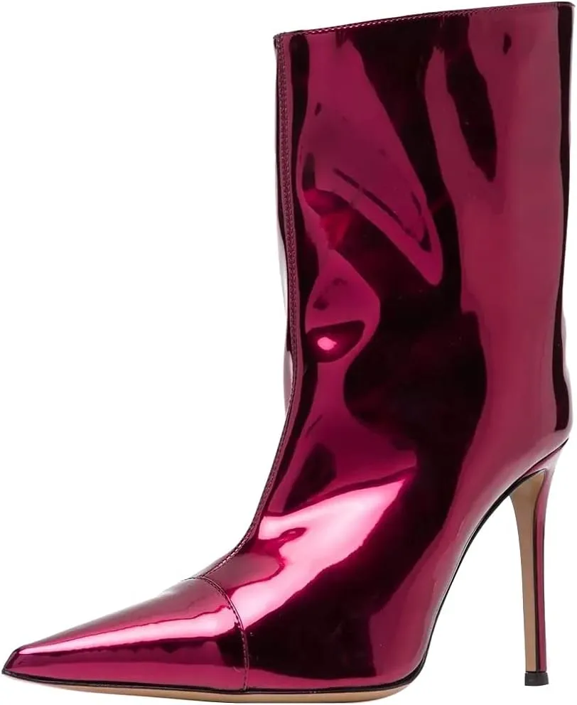 Arqa Women's Metallic Leather Boots, Pointed Toe Stiletto Heel Ankle Boot Wide Calf Fall Fashion Booties