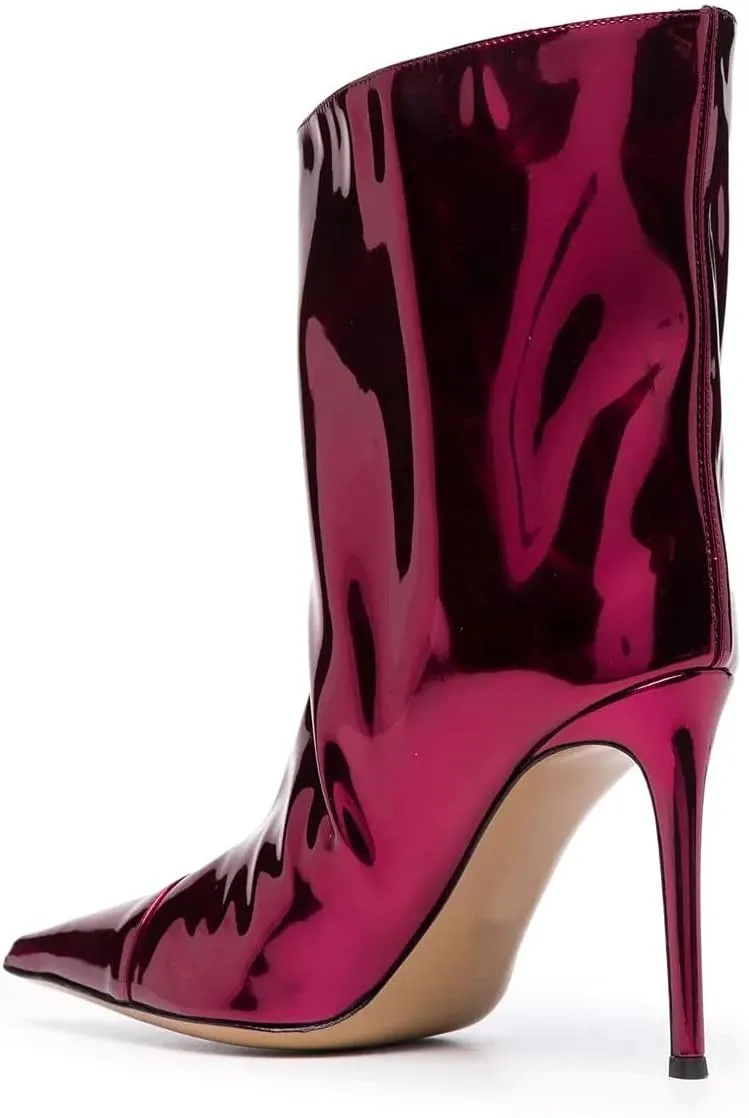 Arqa Women's Metallic Leather Boots, Pointed Toe Stiletto Heel Ankle Boot Wide Calf Fall Fashion Booties