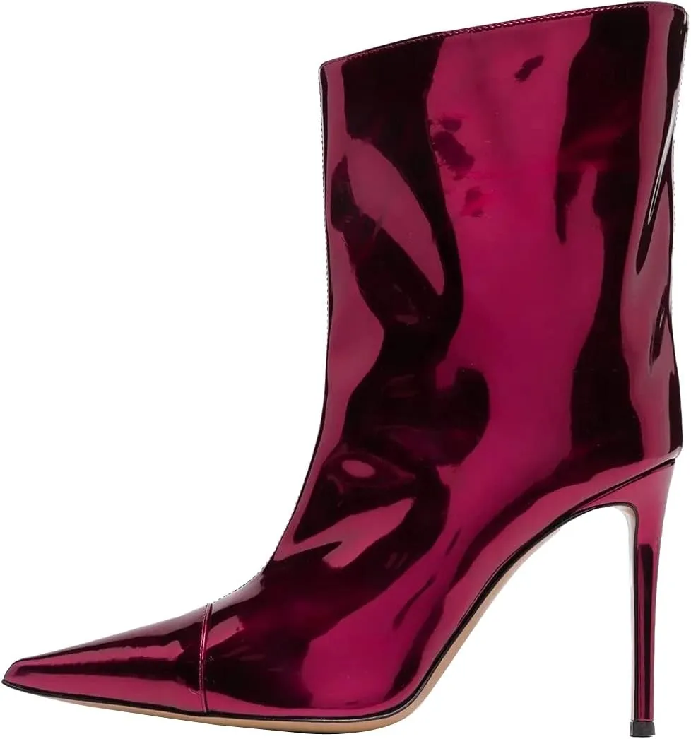 Arqa Women's Metallic Leather Boots, Pointed Toe Stiletto Heel Ankle Boot Wide Calf Fall Fashion Booties