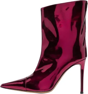 Arqa Women's Metallic Leather Boots, Pointed Toe Stiletto Heel Ankle Boot Wide Calf Fall Fashion Booties