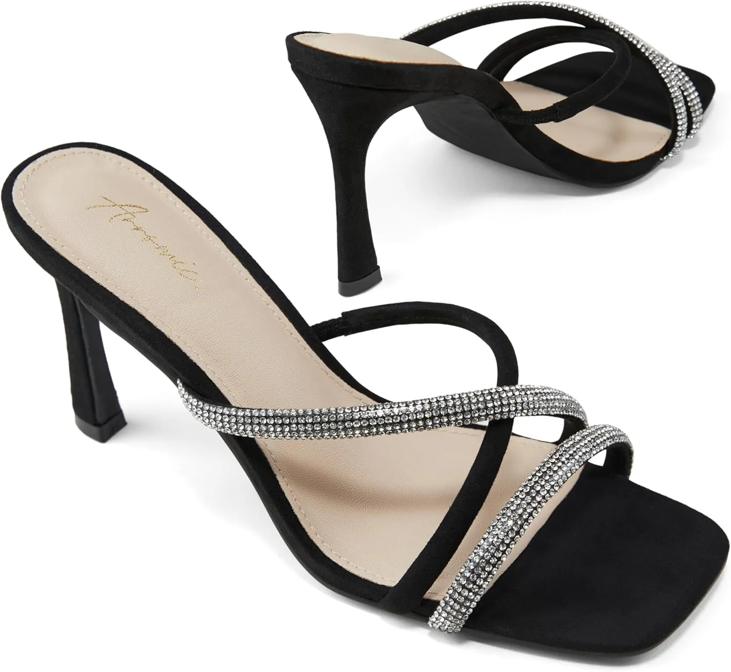 Arromic Women's Rhinestone Strappy High Stiletto Heels Square Open Toe Heeled Slip on Sandals Date Party Dress Wedding Sexy Crystal Straps Heels Shoes