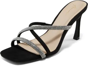 Arromic Women's Rhinestone Strappy High Stiletto Heels Square Open Toe Heeled Slip on Sandals Date Party Dress Wedding Sexy Crystal Straps Heels Shoes
