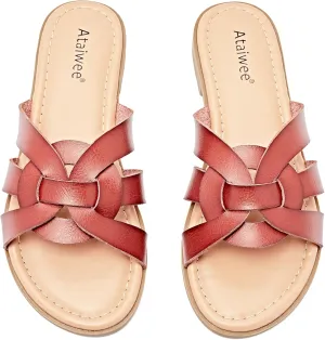 Ataiwee Women's Flat Slide Sandals - Ladies Casual Slip On Criss Cross Strap Summer Shoes.