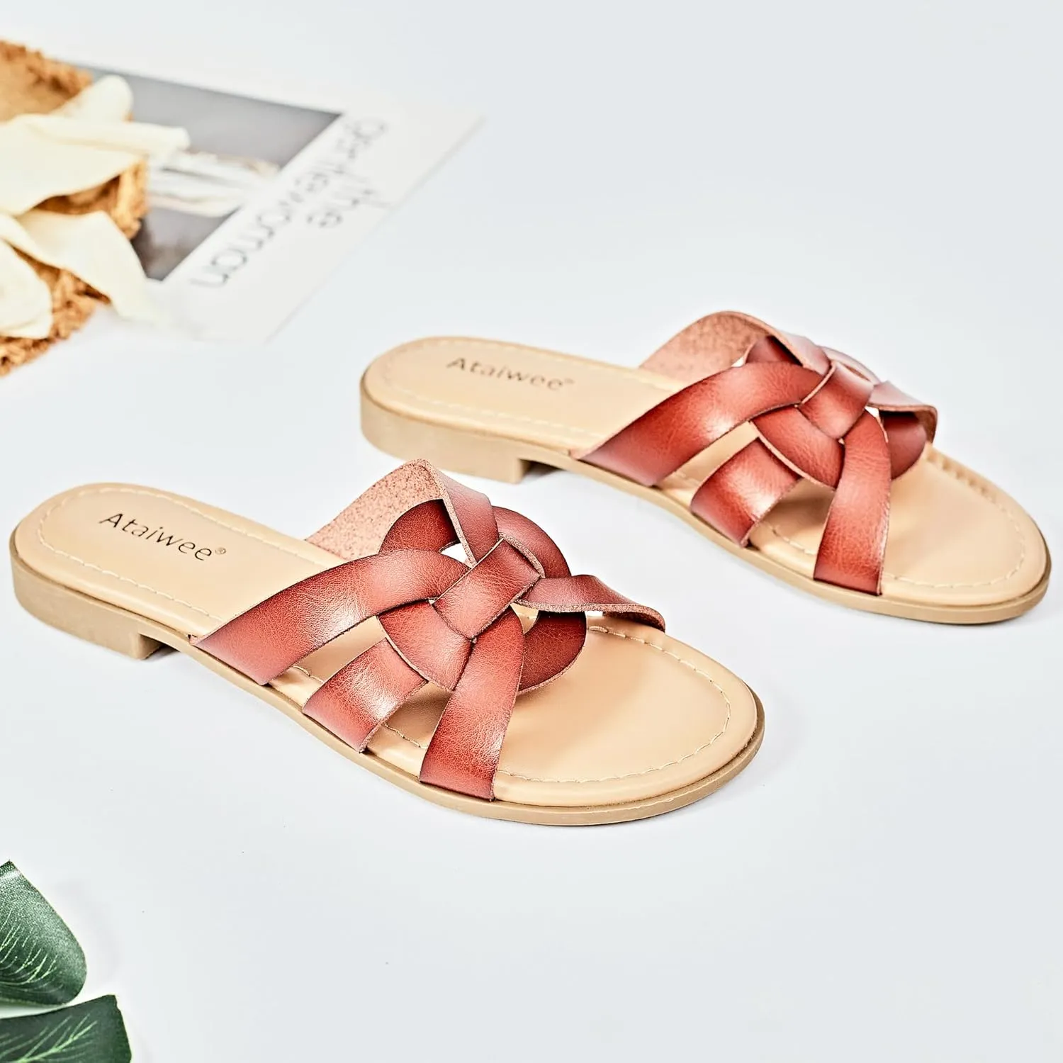 Ataiwee Women's Flat Slide Sandals - Ladies Casual Slip On Criss Cross Strap Summer Shoes.