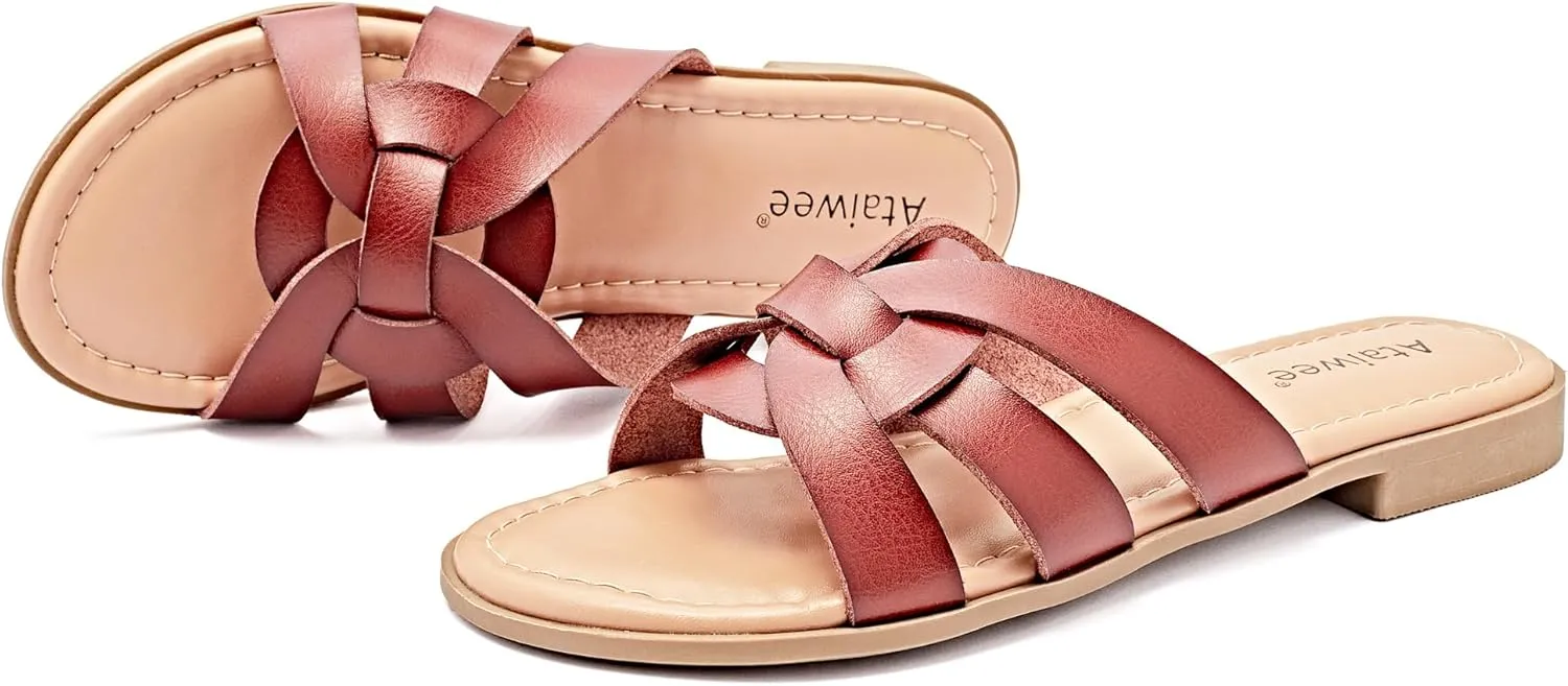 Ataiwee Women's Flat Slide Sandals - Ladies Casual Slip On Criss Cross Strap Summer Shoes.