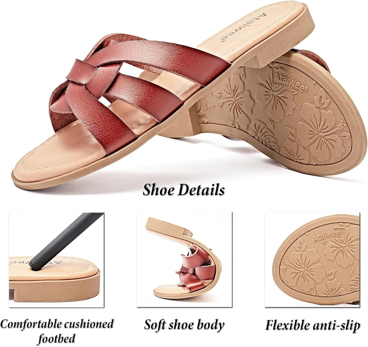 Ataiwee Women's Flat Slide Sandals - Ladies Casual Slip On Criss Cross Strap Summer Shoes.