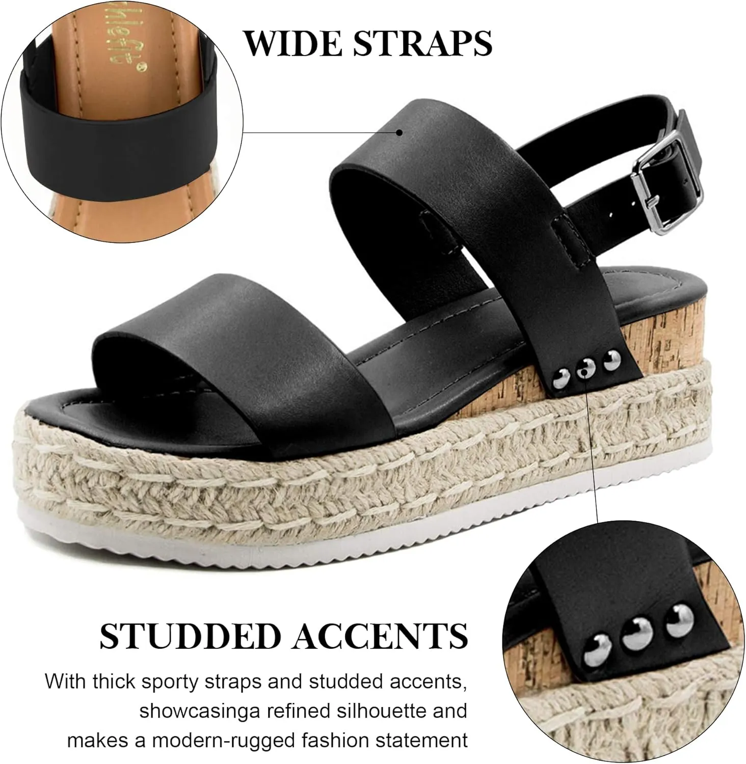 Athlefit Women's Espadrilles Sandals Ankle Strap Buckle Wedge Sandal Open Toe Studded Platform Sandals
