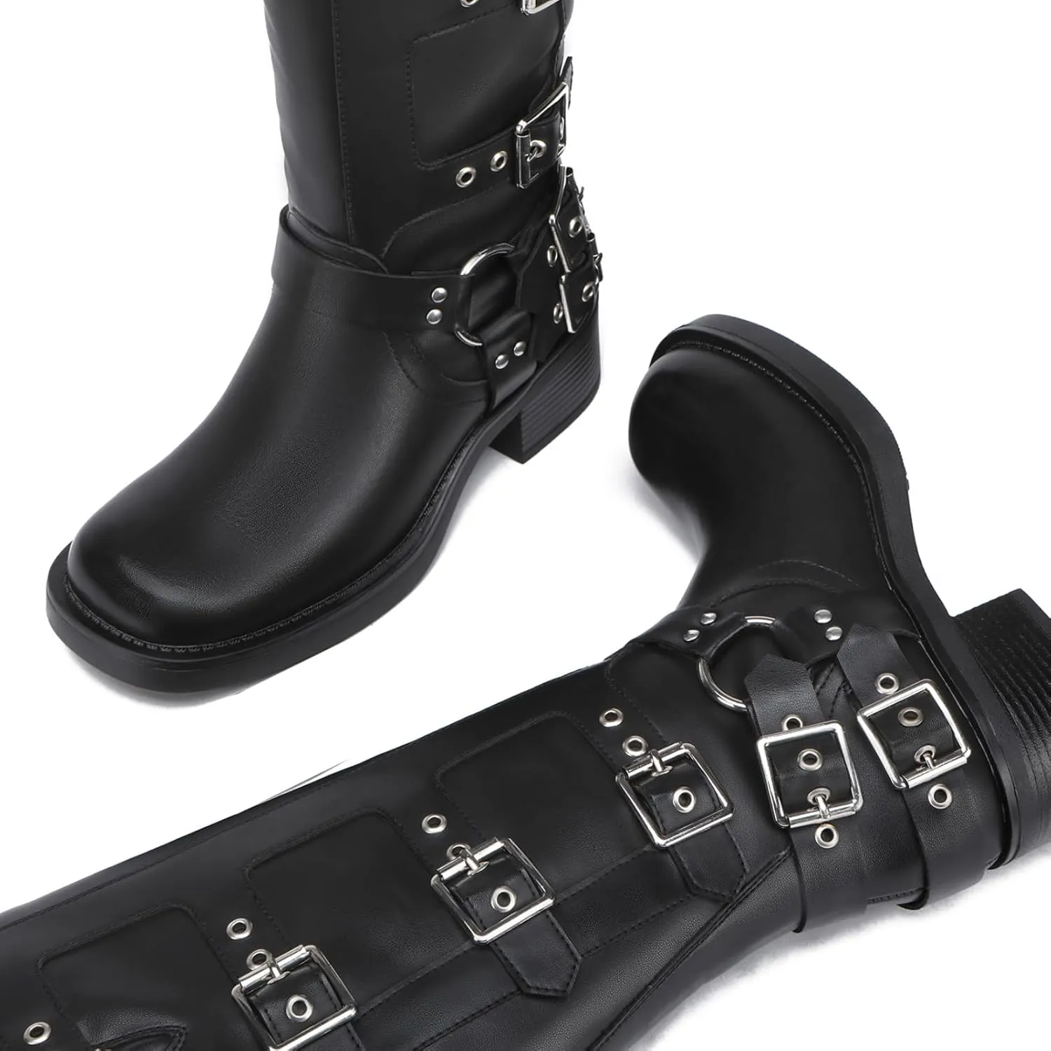 Athlefit Women's Knee High Riding Boots Fashion Buckle Square Toe Chunky Heel Wide Calf Biker Boots