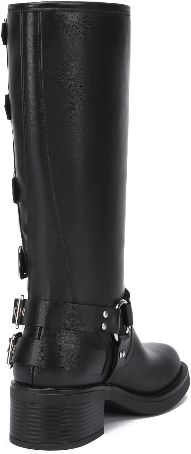 Athlefit Women's Knee High Riding Boots Fashion Buckle Square Toe Chunky Heel Wide Calf Biker Boots