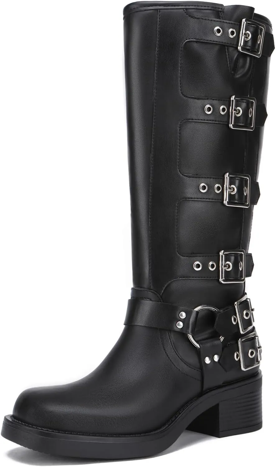 Athlefit Women's Knee High Riding Boots Fashion Buckle Square Toe Chunky Heel Wide Calf Biker Boots