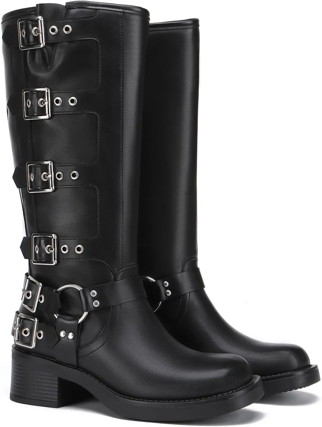Athlefit Women's Knee High Riding Boots Fashion Buckle Square Toe Chunky Heel Wide Calf Biker Boots
