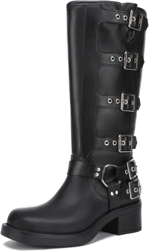 Athlefit Women's Knee High Riding Boots Fashion Buckle Square Toe Chunky Heel Wide Calf Biker Boots
