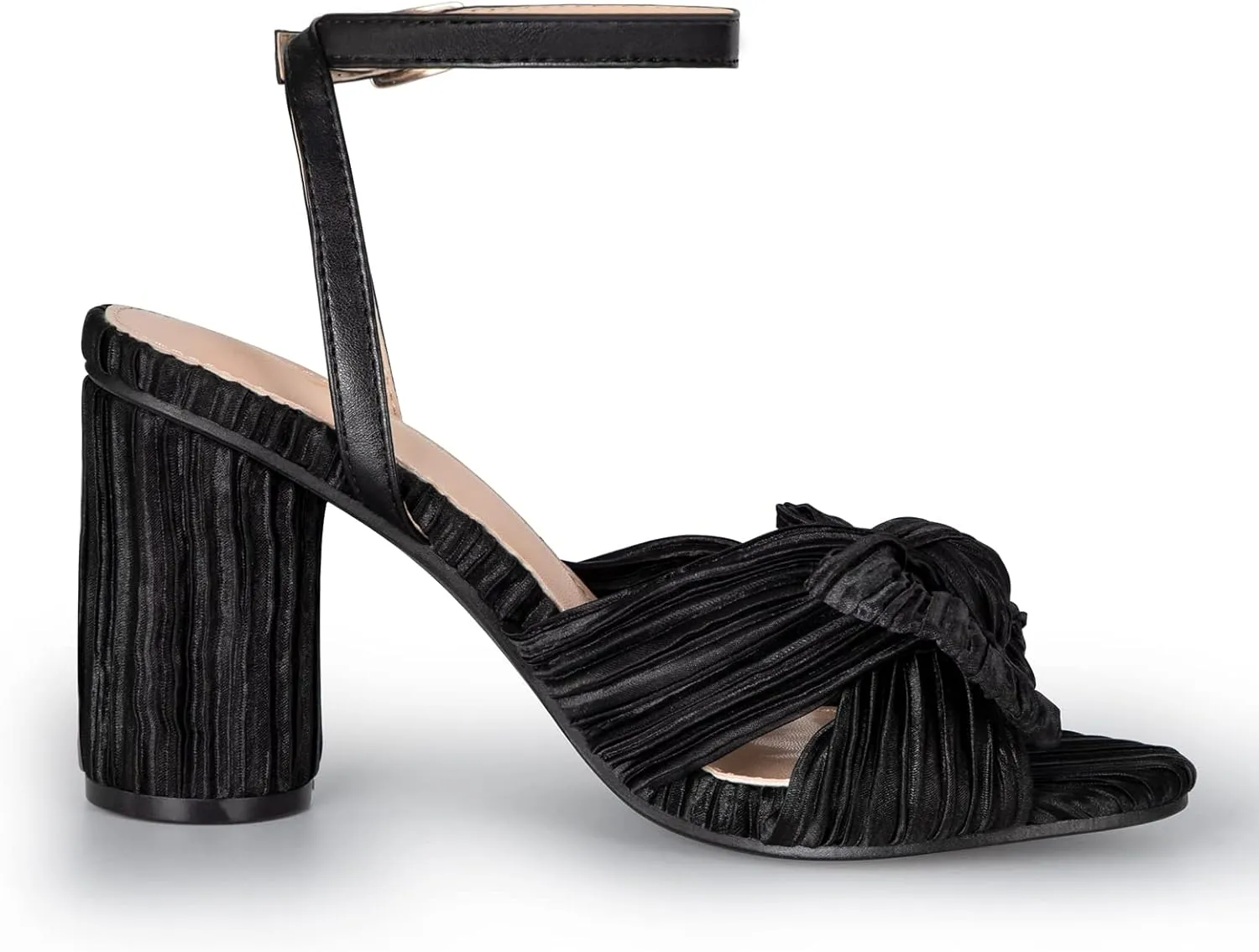 Athlefit Women's Open Toe Chunky Heels Pleated Bow Ankle Strap Heeled Sandals Wedding Bridal Shoes