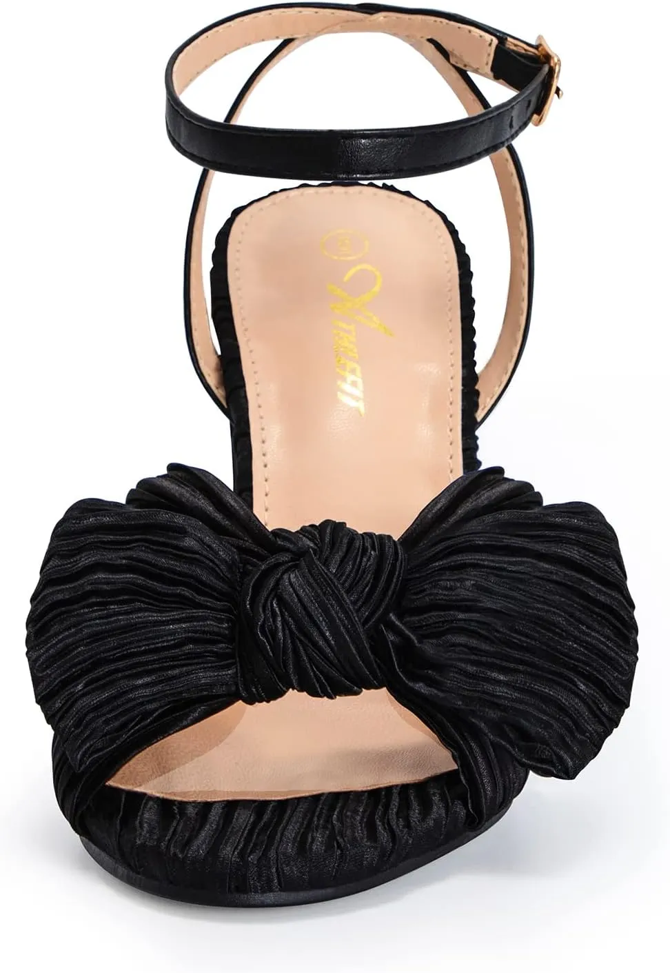 Athlefit Women's Open Toe Chunky Heels Pleated Bow Ankle Strap Heeled Sandals Wedding Bridal Shoes