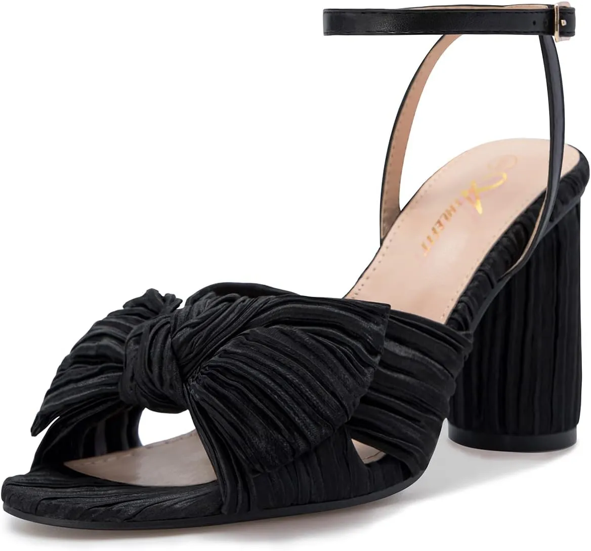 Athlefit Women's Open Toe Chunky Heels Pleated Bow Ankle Strap Heeled Sandals Wedding Bridal Shoes
