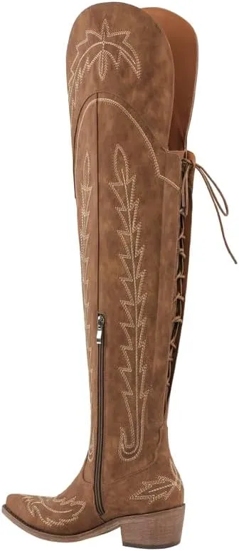 Atuelang Cowboy Boots for Women Thigh High Cowgirl Boots Wide Calf Western Embroidered Over The Knee Boots