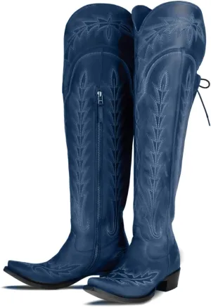 Atuelang Cowboy Boots for Women Thigh High Cowgirl Boots Wide Calf Western Embroidered Over The Knee Boots
