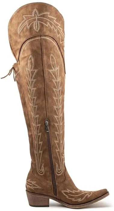 Atuelang Cowboy Boots for Women Thigh High Cowgirl Boots Wide Calf Western Embroidered Over The Knee Boots
