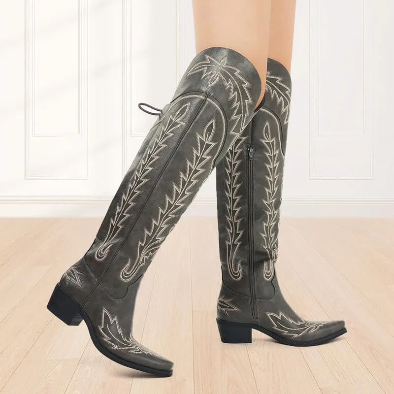 Atuelang Cowboy Boots for Women Thigh High Cowgirl Boots Wide Calf Western Embroidered Over The Knee Boots