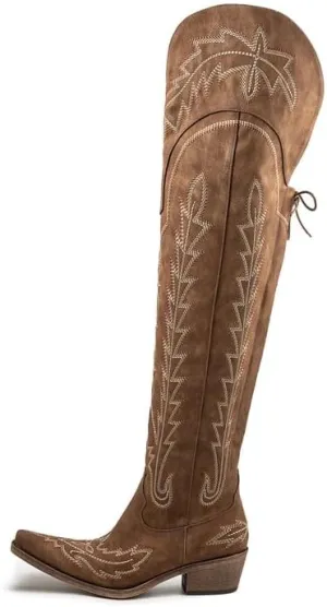 Atuelang Cowboy Boots for Women Thigh High Cowgirl Boots Wide Calf Western Embroidered Over The Knee Boots