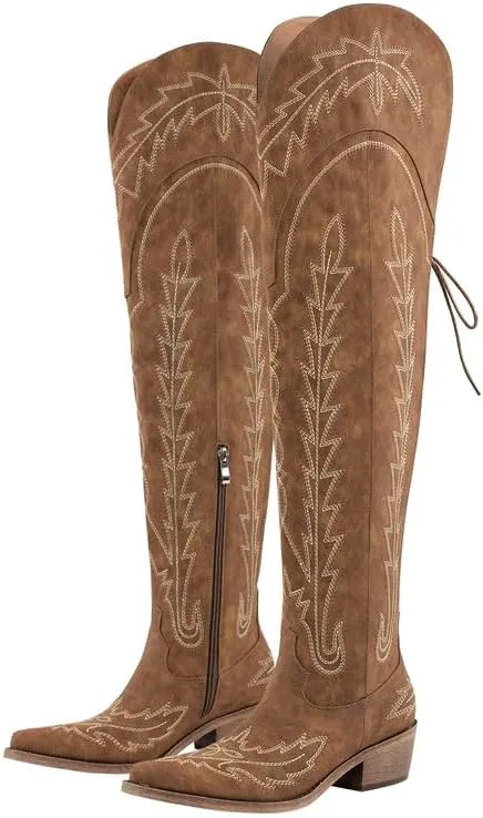 Atuelang Cowboy Boots for Women Thigh High Cowgirl Boots Wide Calf Western Embroidered Over The Knee Boots