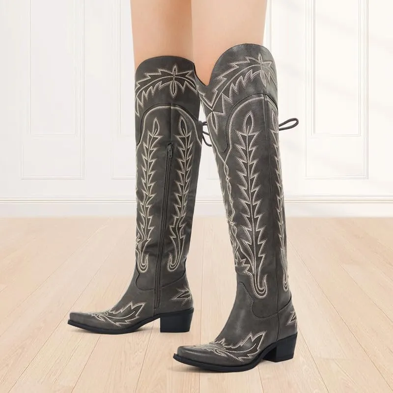 Atuelang Cowboy Boots for Women Thigh High Cowgirl Boots Wide Calf Western Embroidered Over The Knee Boots