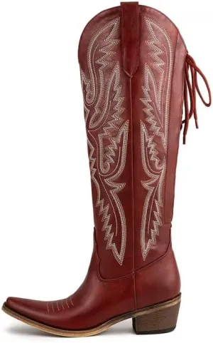 Atuelang Western Cowboy Boots for Women Knee High Wide Calf Lace Up Embroidered Cowgirl Boots