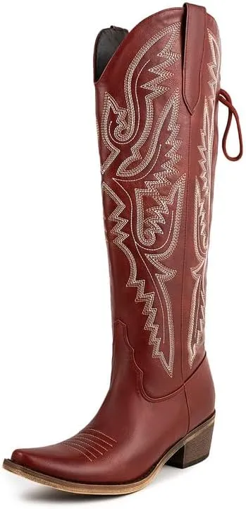 Atuelang Western Cowboy Boots for Women Knee High Wide Calf Lace Up Embroidered Cowgirl Boots