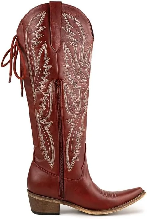 Atuelang Western Cowboy Boots for Women Knee High Wide Calf Lace Up Embroidered Cowgirl Boots