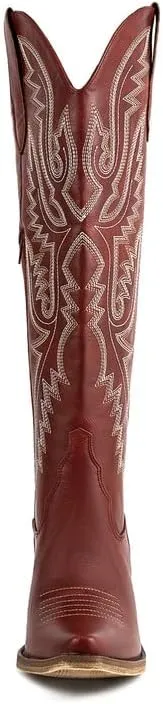 Atuelang Western Cowboy Boots for Women Knee High Wide Calf Lace Up Embroidered Cowgirl Boots