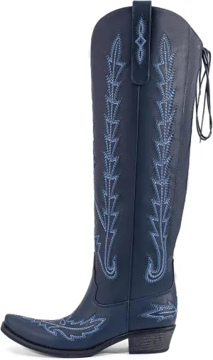Atuelang Western Cowboy Boots for Women Knee High Wide Calf Lace Up Embroidered Cowgirl Boots